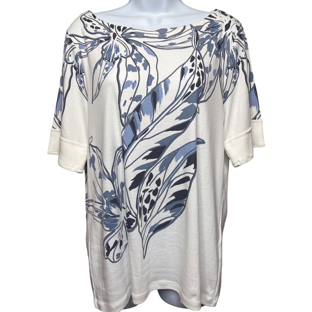 CHICO'S Womens White‎ Blue Floral Pima Cotton Top Sz 2/L Tropical Casual Relaxed